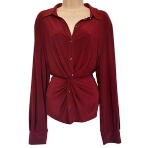 AUW Burgundy Red Gold Button Front Ruching Front Twist Long Sleeve Stretchy Top